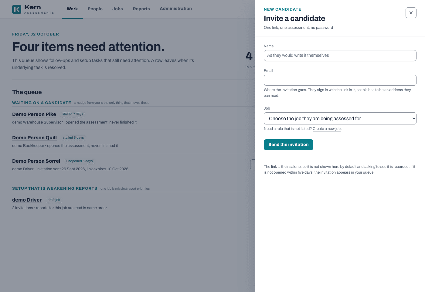 Kern's employer screen with the invitation panel open over a job, showing the name and email fields.